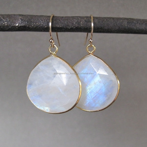 925 Sterling Silver Natural Rainbow Moonstone Gemstone Drop <b>Earrings</b> <b>Gold</b> Plated with Trendy Style for Weddings and Parties - Product Image 1
