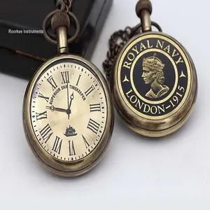 Orologio da tasca personalizzato in ottone massiccio con scatola in legno per presentazione da tavolo, orologio da tasca al quarzo look Vintage