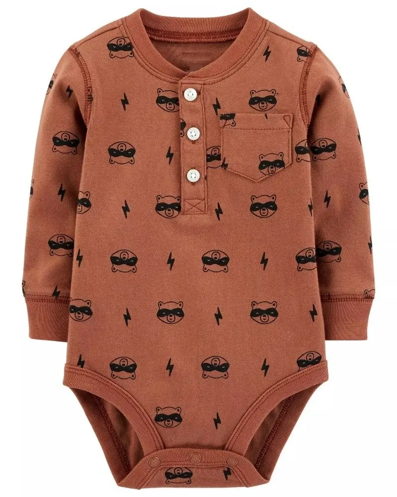 Henley Baju Monyet Leher Bayi, Jumpsuit Huruf Motif Rakun, Keluaran Baru Musim Gugur dan Musim Dingin untuk Bayi Laki-laki