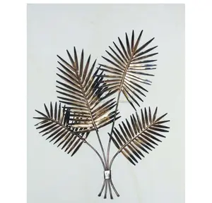 Metal Wall Art With Antique Golden Powder Coating Finishing And Palm Leaf Shape Excellent Quality For Home Decoration