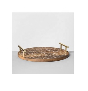 Manufacturer Direct Wholesale-Hand Carved Custom Round <b>Bamboo</b> Tray with Metal Handle for Serving Breakfast or Tea Home Use - Product Image 1