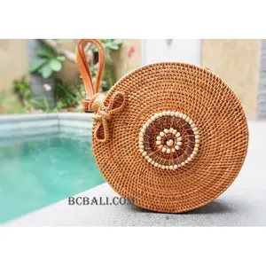 Sac à bandoulière rond en cuir en paille naturelle, de bonne qualité, fait main, nouveau Design ethnique, classique, été 2019