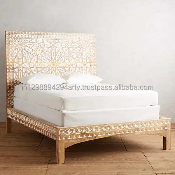 Rustic Solid Mango Wood Double Bed Bed Head Hand Made Hand Carved Direct Factory Supply Indian Wooden Double Bed