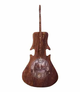 עץ בעבודת יד גיטרה צורת קיר שעון, יד מגולף גיטרה צורת שעוני קיר