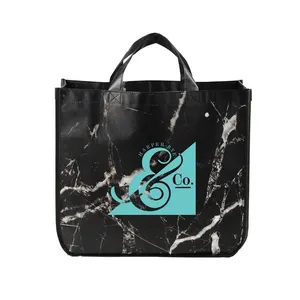 Shopping Tote Bag Trendy Laminated Non Woven Tote Black Marble Shopping Bag