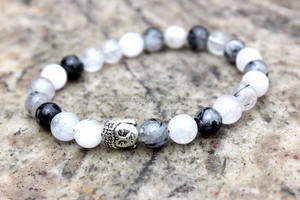 Cuentas de piedras preciosas de Cuarzo rutilado gris redondo de 8 mm de alto grado pulsera de moda Bohemia para fiesta o regalo para budismo - Product Image 2