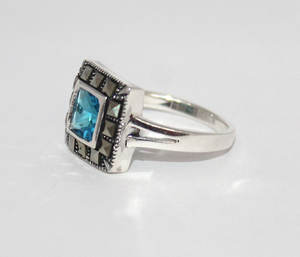 Topaze bleue en argent sterling 925 avec lunette à facettes carrée en marcassite ensemble de bijoux Memoria pierres précieuses boucle d'oreille anneau pendentif ensemble de bijoux - Product Image 6