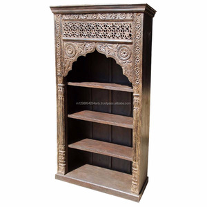 Meuble de salon en bois massif de style antique indien, finition teck clair, bibliothèque à trois étagères sculptée pour hôtel et cuisine - Product Image 2