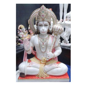 Escultura de ídolo Hanuman sentado religioso de mármol Makrana puro pulido - Product Image 1
