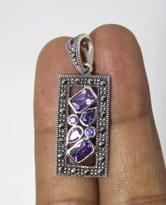 925 plata esterlina amatista con marcasita facetada piedra preciosa pendiente anillo colgante conjunto de joyería - Product Image 4