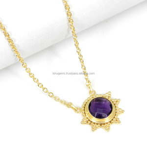 Collier rond à carreaux d'améthyste naturelle, chaîne de styliste en plaqué or 18k, 1 pièce - Product Image 1