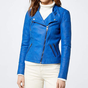 Vestes en cuir véritable pour femmes en bleu Nouveau design avec broderie Décorations de rivets de poche Personnalisé OEM Taille 5XL Printemps Mode - Product Image 1