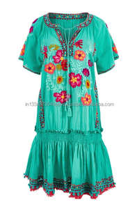 Tunique en coton personnalisable Robe courte pour femme brodée respirante avec bordure pompon brillante pour l'été grande taille - Product Image 4