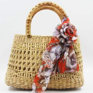 Vietnam Vintage Unisex <b>Tote</b> <b>Bag</b> Water Hyacinth Rattan <b>Zipper</b> Closure Linen Canvas Lining Handmade Bow Embroidery Casual Handbags - Product Image 1