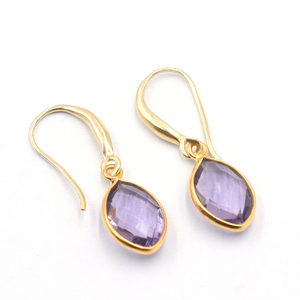 14K & 18K Gold Plated Amethyst Quartz Earring with Ear <b>Wire</b> Marquise Shape <b>Silver</b> Bezel - Product Image 1