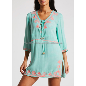 Vestido corto con borlas bordadas para mujer, Túnica Sexy con escote y abertura lateral para playa y piscina - Product Image 1