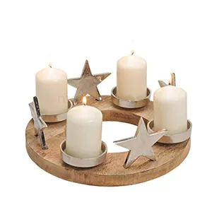 Christmas Advent Wreath Metal Star Candle Holder with Wood Base