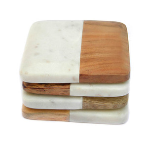 Posavasos de madera de Acacia y mármol blanco, juego de posavasos de combinación de piedra media Beige con espuma eva, 4 y 6 unidades - Product Image 1
