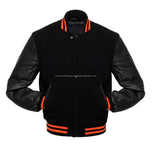 Melton lana cuerpo con cuero genuino de manga chaqueta varsity Todo Negro Varsity chaqueta - Product Image 1