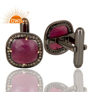 Pave Diamond Natural <span class=keywords><strong>Ruby</strong></span> Hand gefertigter Manschetten knopf 14 Karat Massiv gold 925 Silber Herren Manschetten knöpfe Designer Schmuck hersteller - Product Image 3