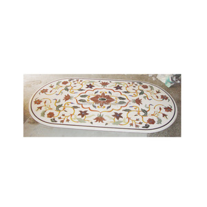 Antique <b>White</b> Marble Inlay Dining <b>Table</b> Top - Product Image 1