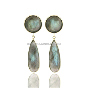 Boucles d'oreilles en pierre précieuse Labradorite, accessoire plaqué or, en argent sterling 925 - Product Image 1