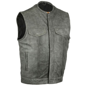 Gilet en cuir noir sans col Style Club Gilet en cuir en détresse pour hommes Moto Biker Club Carry dissimulé - Product Image 1