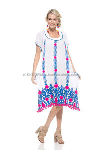 Moda de gama alta 2025 Diseñador Ropa de playa Manga de burbuja Exclusivo Aari Bordado Algodón Campesino Túnica Midi Vestido - Product Image 2