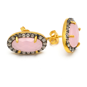 Oval Briolette Rose Chalcedony CZ Gemstone Stud <b>Earrings</b> 925 Sterling <b>Silver</b> Jewelry Gold Plated Fashionable <b>Earring</b> For Women. - Product Image 2
