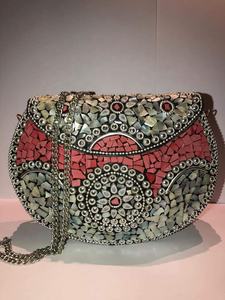 Mosaic Indian Style Bohemian Messenger <b>Bags</b> Luxury Evening Metal Clutch <b>Bags</b> Women's Boho Wedding Handmade Purse Pearl Frame - Product Image 5