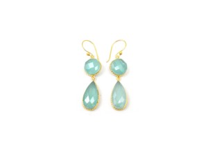 Aqua Chalcedony Doublet Natural Multi Gemstone Jewelry Round and Pear Shape <b>Gold</b> Plated Dangle & Drop <b>Hoop</b> Earring - Product Image 4