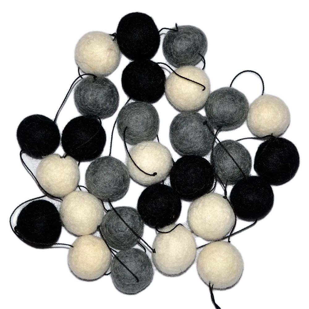 Black and White of 200 cm Felt Ball Garland Handmade in Nepal for Decoration