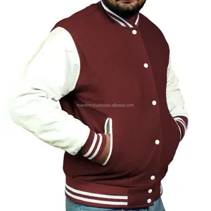 Jaket Stadion Putih Burgundy, Jaket Kulit Wol, Jaket Kampus Letterman