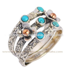 Anillo de piedra turquesa de Plata de Ley 925 de dos tonos naturales, joyería de moda hecha a mano, proveedor y exportador de anillos Eternity Vermeil - Product Image 4