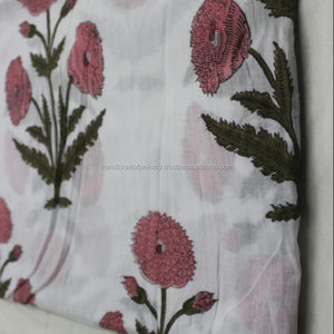 Tela de algodón con estampado de bloque hecho a mano, tela de gasa de vestido puro indio 100%, retardante de llama Floral, blanco - Product Image 1