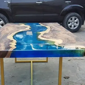 Indian Style Blue Epoxy Resin Inlay Senna Siamea Wood Resin Dinning Table