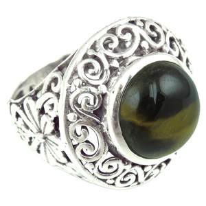 Bagues en argent sterling 925 avec œil de tigre brun créé par Shri Ashapura Jewels - Bijoux classiques avec serti clos chrétien - Product Image 1