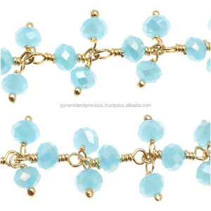 Aqua Calcedonia Piedra preciosa Chapado en oro Alambre de plata esterlina Envuelto Colgando Cuentas de cadena gruesa Aproximadamente Hallazgos de joyería Componentes - Product Image 1