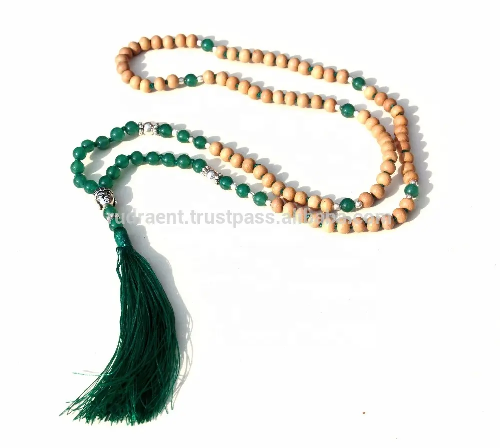 Vendita calda Spiritual Japamala Aventurine Wood Mala Beads annodato nappa Mala collana perline di preghiera artigianali