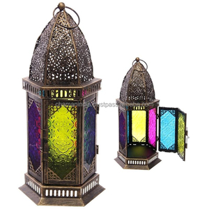 Color Glass Metal Copper Antique Moroccan <b>Lantern</b> - Product Image 1