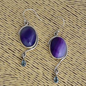Blue Lace Agate Gemstone Argent sterling 925 avec lunette plaquée argent Boucles d'oreilles à la mode pour cadeau de mariage ou fêtes. - Product Image 3