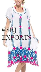 Vestido de Mujer de Algodón de Lujo Premium, Bordado Aari de Verano, Favorecedor, Hasta la Rodilla, con Mangas Abullonadas, Bolsillos Exteriores y Adorables Pompones - Product Image 3