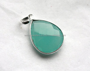 Collier avec pendentif en argent sterling 925 plaqué rhodium Aqua Calcedony Gemstone Bezel Setting - Product Image 1