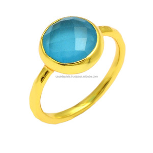 Véritable Calcédoine Bleue Gemme Argent 925 Plaqué Or Bague Unisexe Bijoux Faits à la Main Mariages Fiançailles Cadeaux Fêtes Casa De - Product Image 1