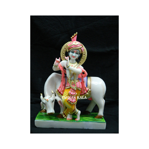 Statue Krishna en marbre coloré blanc, belle Statue de vache - Product Image 1