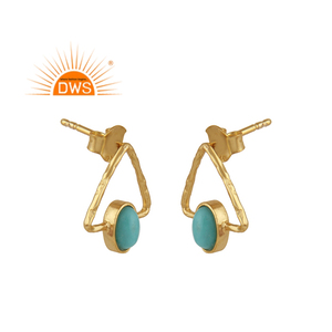 Natural Arizona Turquoise Gemstone Earring Triangle Shape Gold Plated Silver Stud Earring Supplier - Product Image 2