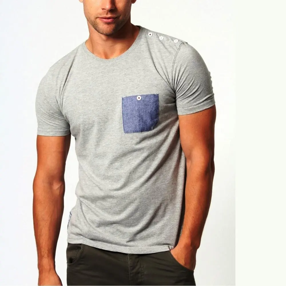 Stylish Men T-shirt with chambray pocket One-Stop Service Breathable Fashion Plain Custom Cotton Linen Man tee shirts Wholesale