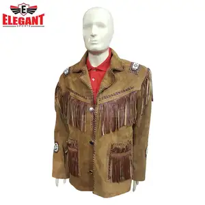 Erkek kahverengi geleneksel batı deri ceket ceket saçak boncuk