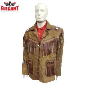 Blouson traditionnel en cuir marron avec frange pour hommes, veste de couleur occidentale, avec perles - Product Image 1