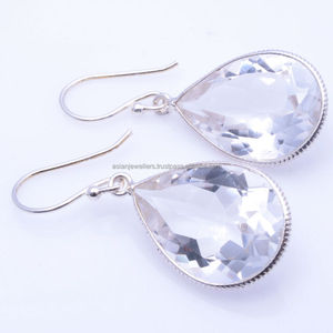 925 Sterling Silver <b>Rhodium</b> Plated Crystal Quartz Gemstone Drop <b>Earrings</b> for Wedding Party & Gift - Product Image 1